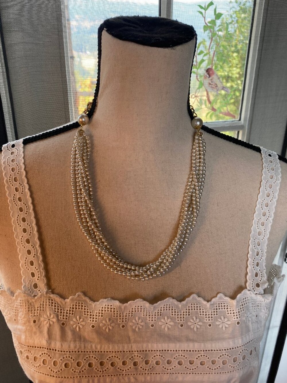 Vintage Multi 6-Strand Twisted Faux Mini Pearl Choker Necklace Gold-tone Chain